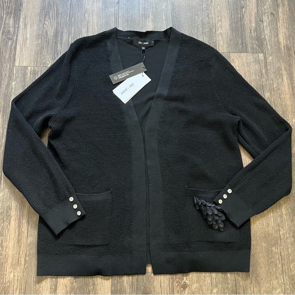 NWT Chloe +Jasmine Long Sleeve V Neck Open Front Pocketed Black Knit Cardigan L - Picture 5 of 13